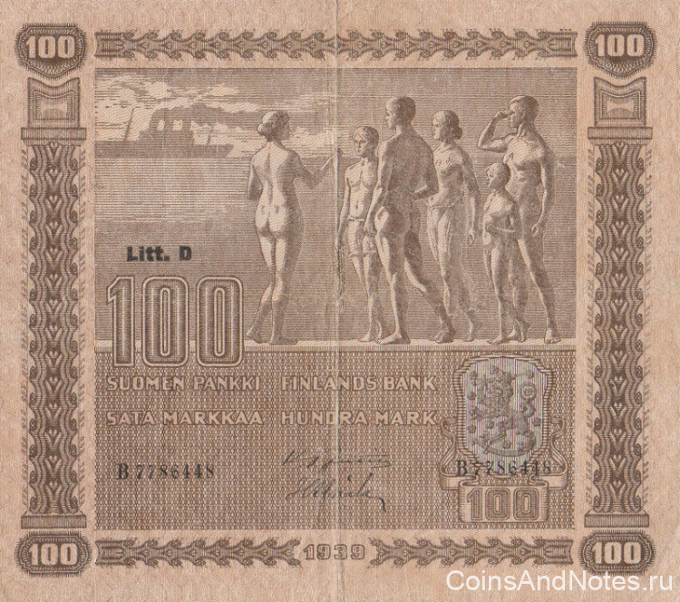 100 марок 1939 года. Финляндия. р73а(13)