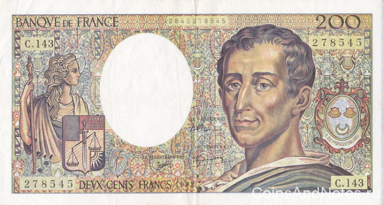 200 франков 1992 года. Франция. р155е