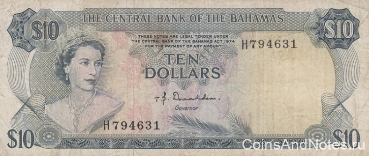 10 долларов 1974 года. Багамские острова. р38а