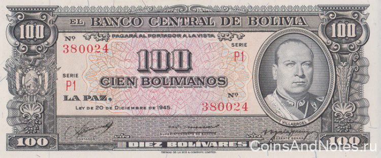 100 боливиано 1945 года. Боливия. р147(7)