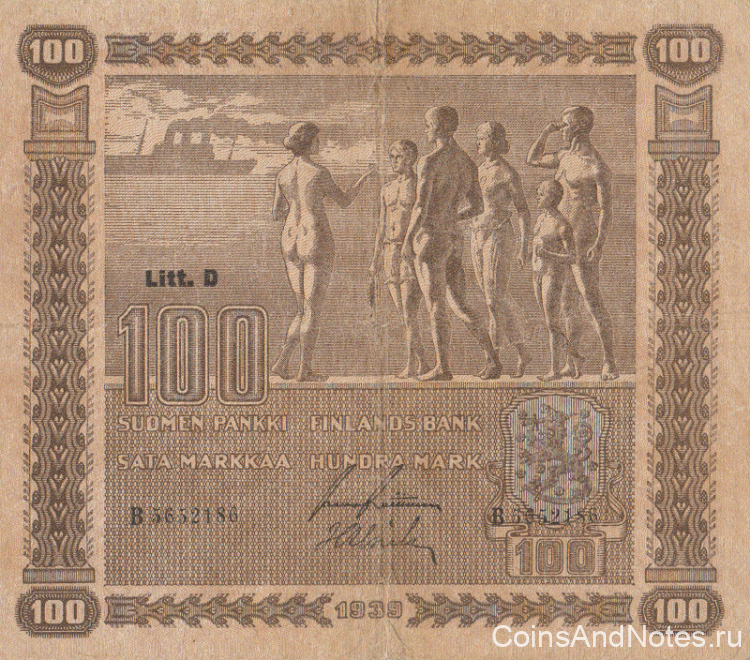 100 марок 1939 года. Финляндия. р73а(19)