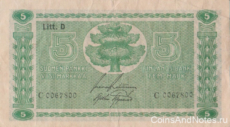 5 марок 1939 года. Финляндия. р69а(20)