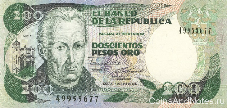 200 песо 01.04.1987 года. Колумбия. р429d(87)