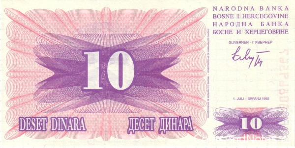 10 динар 1992 года. Босния и Герцеговина. р10