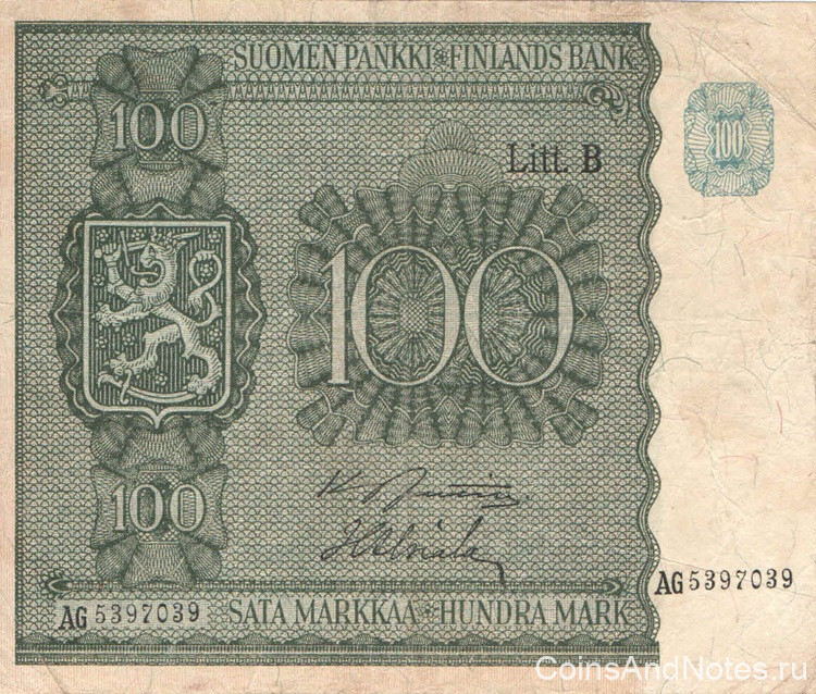 100 марок 1945 года. Финляндия. р88(7)