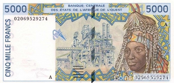 5000 франков 2002 года. Кот-д`Ивуар. р113Аl
