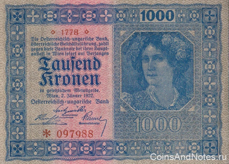 1000 крон 02.01.1922 года. Австрия. р78(1)