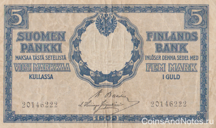 5 марок 1909 (1918) года. Финляндия. р20(7)
