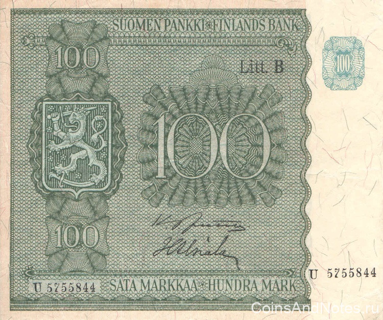 100 марок 1945 года. Финляндия. р88(7)