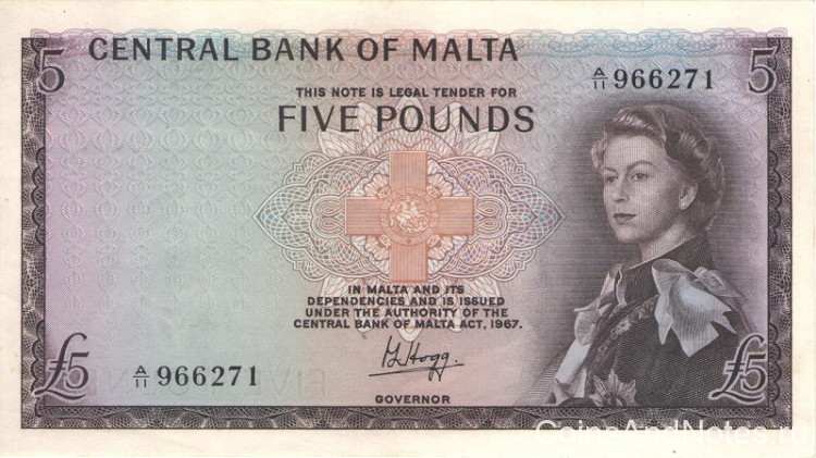5 фунтов 1967 года. Мальта. р30