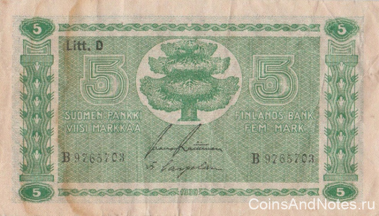 5 марок 1939 года. Финляндия. р69а(22)