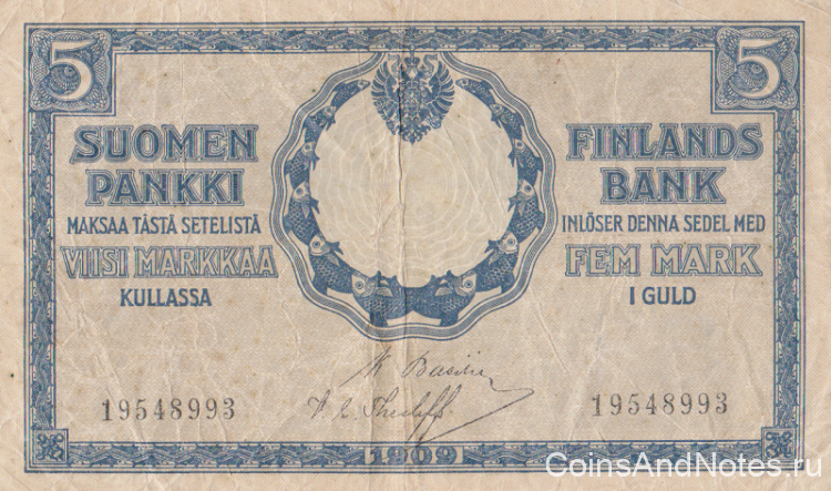 5 марок 1909 (1918) года. Финляндия. р20(8)