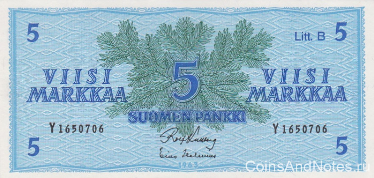 5 марок 1963 года. Финляндия. р106Аа(27)
