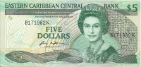 5 долларов 1988-1993 годов. Карибские острова. р22к(1)