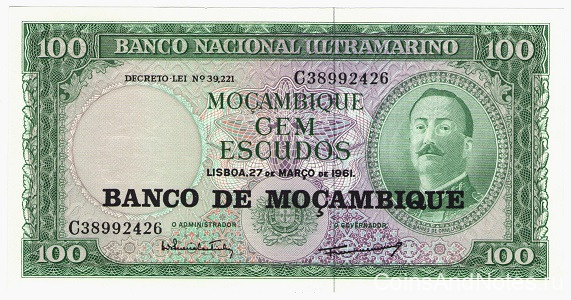 100 эскудо 27.03.1961(1976) года. Мозамбика. р117