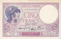 5 франков 02.11.1939 года. Франция. р83а(39)