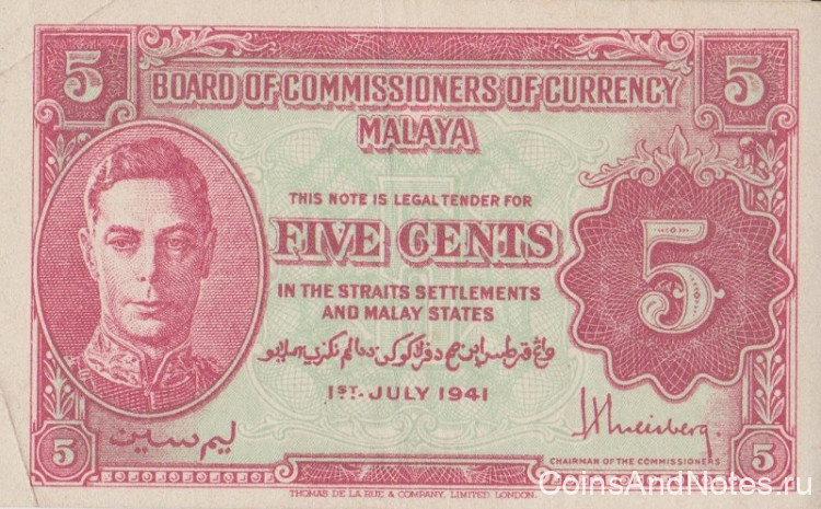 5 центов 01.07.1941 года. Малайя. р7а