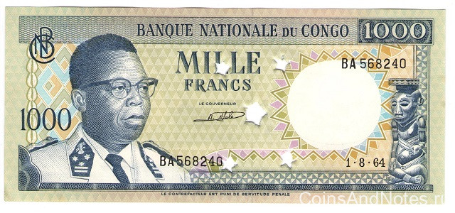 1000 франков 1964 года. Конго. р8a