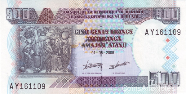 500 франков 01.05.2009 года. Бурунди. р45а
