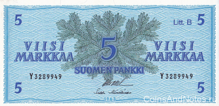 5 марок 1963 года. Финляндия. р106Аа(62)