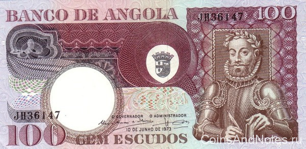100 эскудо 1973 года. Ангола. р106
