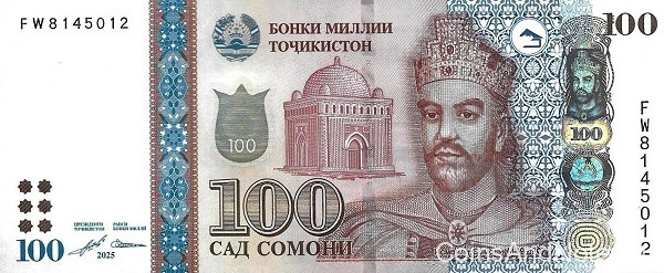 100 сомони 2025 года. Таджикистан. рW28(25)
