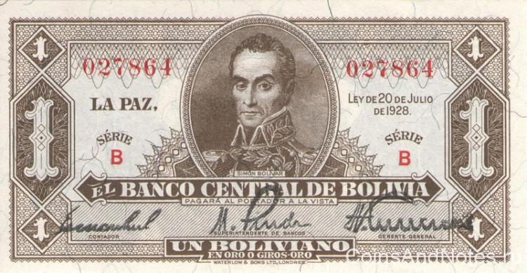1 боливиано 1951-1952 годов. Боливия. р128а(1)
