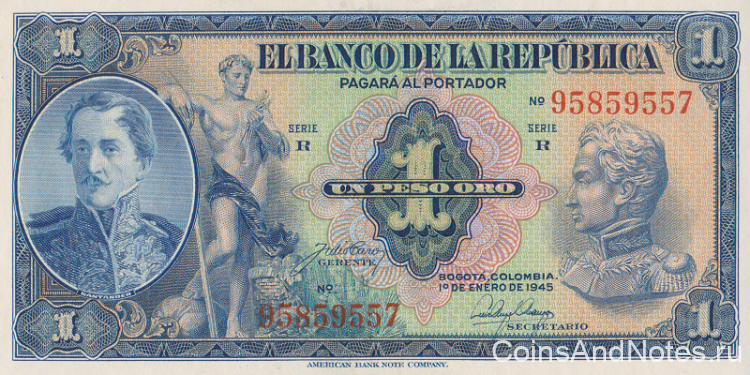 1 песо 1945 года. Колумбия. р380d