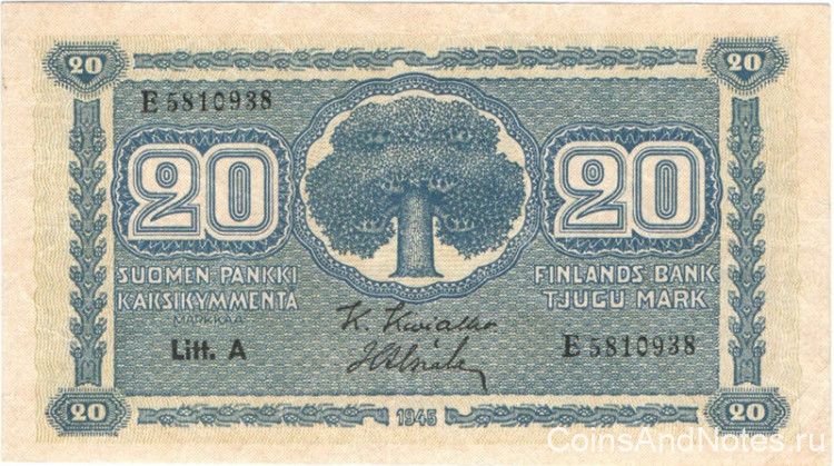 20 марок 1945 года. Финляндия. р78а(3)