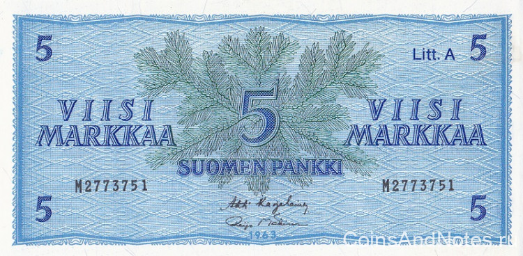 5 марок 1963 года. Финляндия. р103а(20)