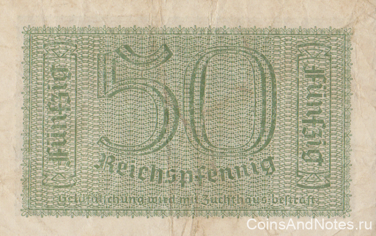 50 рейхспфеннигов 1940-1945 годов. Германия. Оккупированные территории. рR135 50 рейхспфеннигов 1940-1945 годов. Германия. Оккупированные территории. рR135