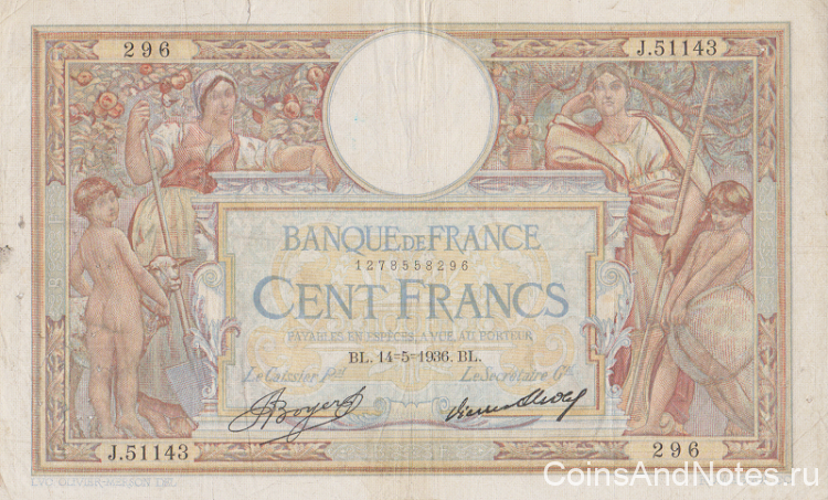 100 франков 14.05.1936 года. Франция. р78с