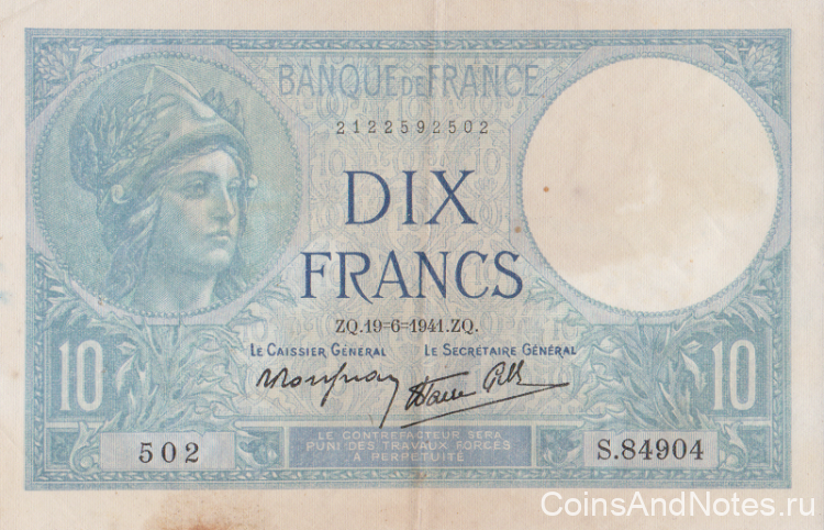 10 франков 19.06.1941 года. Франция. р84(41)