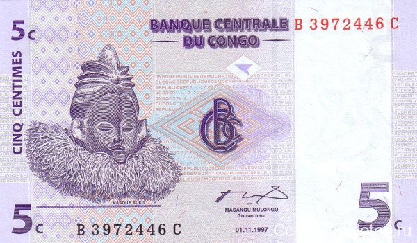5 сантимов 1997 года. Конго. р81