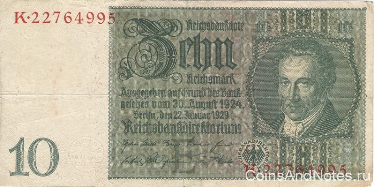 10 рейхсмарок 20.01.1929 года. Германия. р180а(2-1)