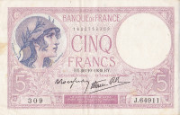 5 франков 26.10.1939 года. Франция. р83а