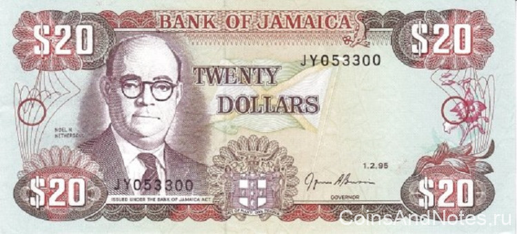 20 долларов 1995 года. Ямайка. р72е