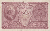 Банкнота 5 лир 1944 года. Италия. р31с
