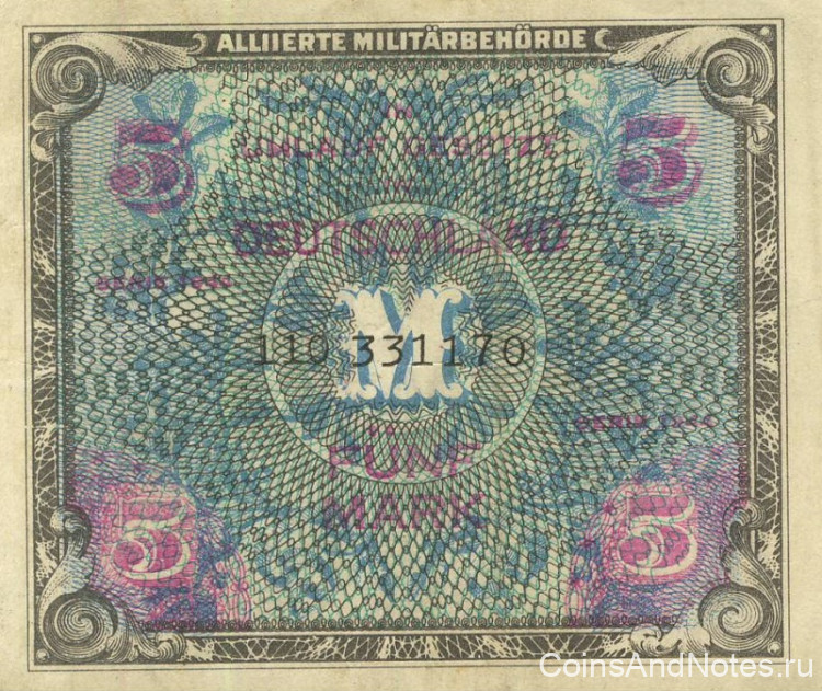 5 марок 1944 года. Германия. Американская зона оккупации. р193b