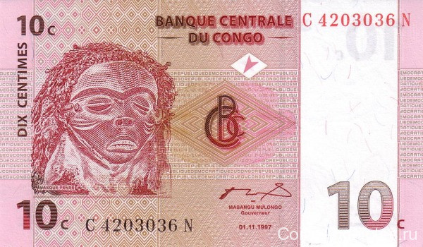 10 сантимов 1997 года. Конго. р82