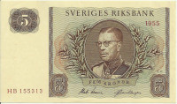 5 крон 1955 года. Швеция. р42b 5 крон 1955 года. Швеция. р42b