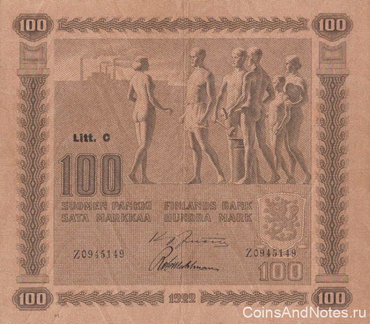 100 марок 1922 года. Финляндия. р65а(37)