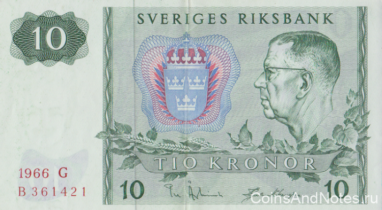 10 крон 1966 года. Швеция. р52b