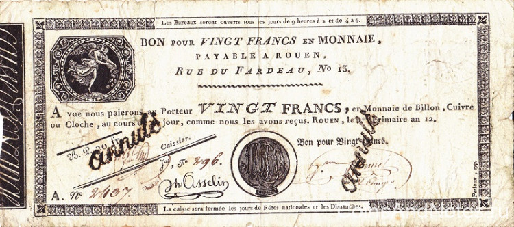 20 франков 23.11.1803 года. Франция. рS245b(1)