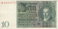 10 рейхсмарок 20.01.1929 года. Германия. р180а(1-1)