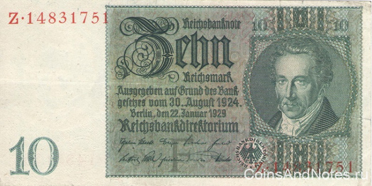 10 рейхсмарок 20.01.1929 года. Германия. р180а(1-1)