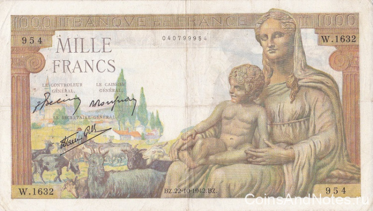 1000 франков 22.10.1942 года. Франция. р102