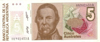 Банкнота 5 аустралей 1985-91 годов. Аргентина. р324b