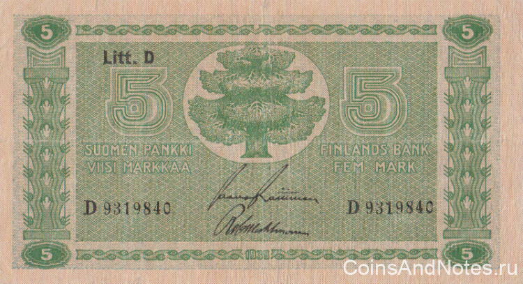 5 марок 1939 года. Финляндия. р69а(19)