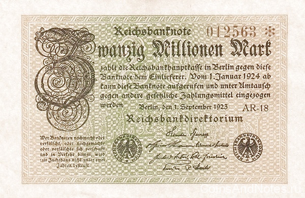 20 миллионов марок 1923 года. Германия. р108b(2)